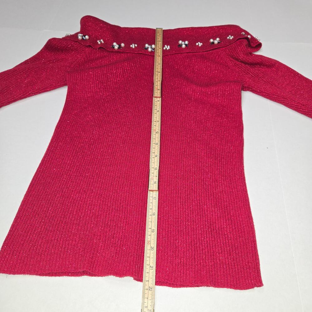 Lauren Michelle S Red Off Shoulder Embellished Sweater Beaded‎ Knit Top Holiday - Picture 5 of 9